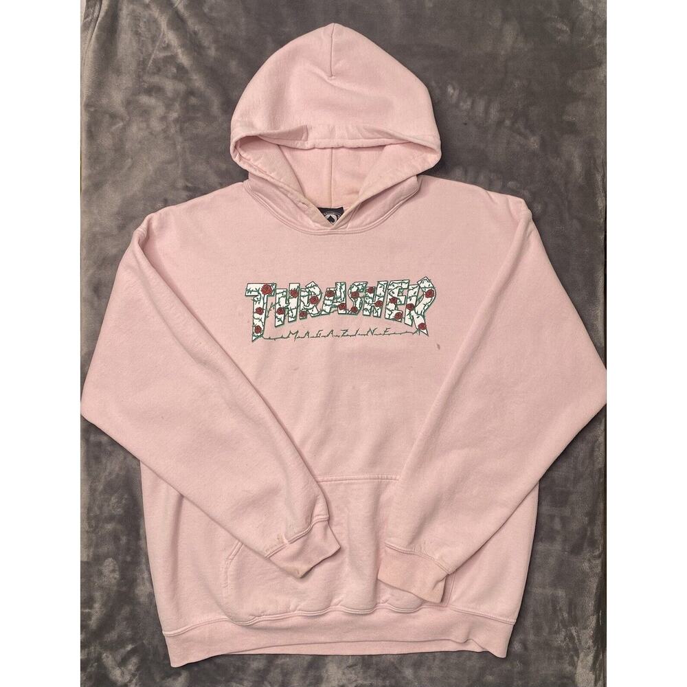 Thrasher Magazine Sweater Hoodie Large Pink Thorn Roses Skater Streetwear